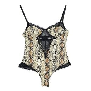 Lingerie Teddy Women Small Snakeskin Pattern Black Lace Insert High Leg Romantic